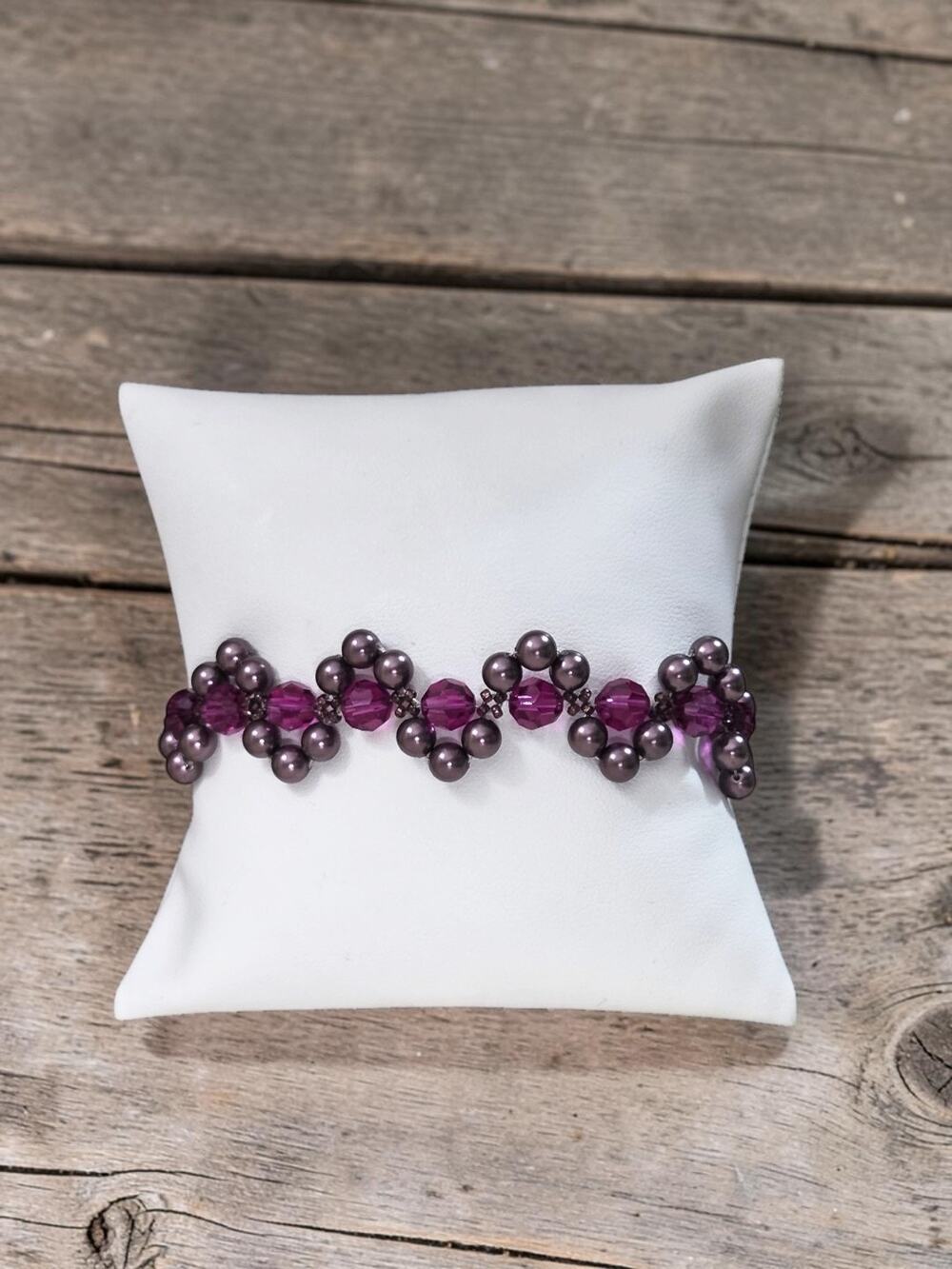 Handmade Artisan Dark Purple Pearl Swarovski Crystal Bracelet 8" Sterling Clasp